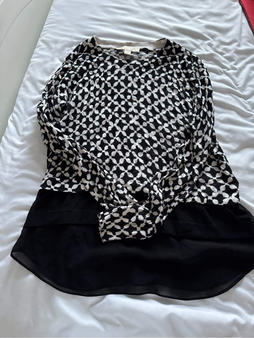 Michael Kors Black and White Patterned Long Sleeve Women's Top with Sheer Hem